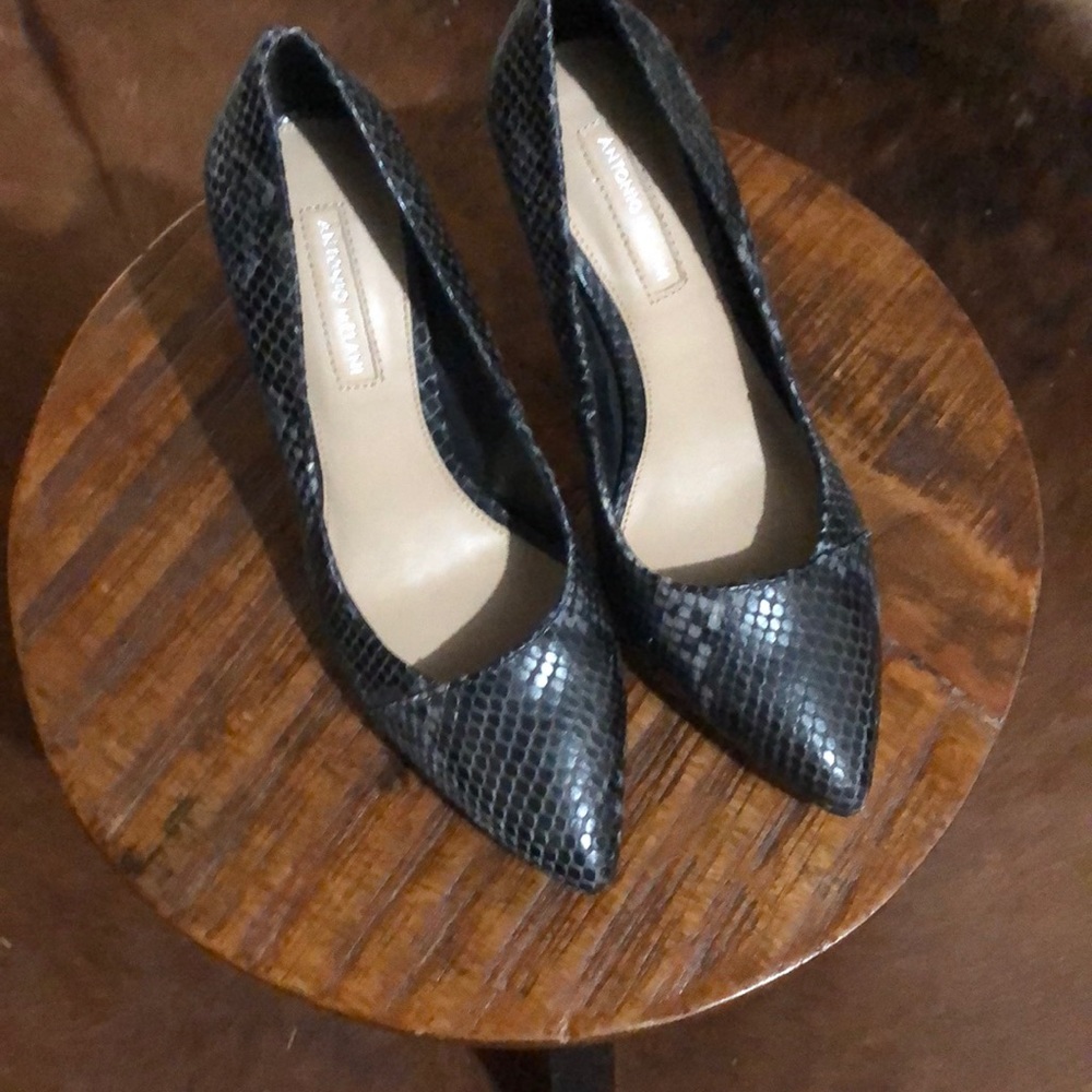 Antonio Melani Black Snake Print 3 1/2” Heels